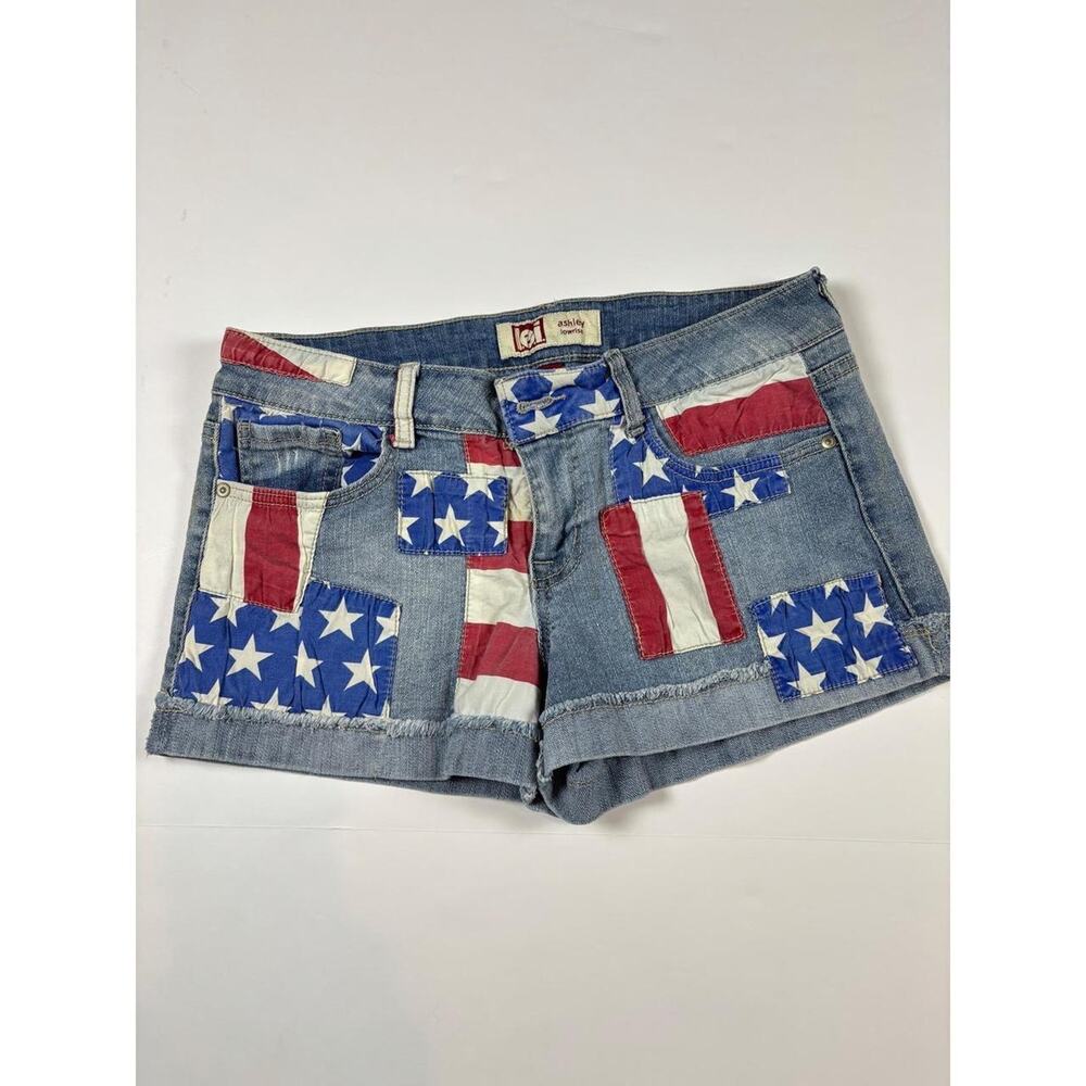 Y2K LEI Ashley Lowrise Denim Shorts Americana Flag Patchwork Stars Stripes SZ 11